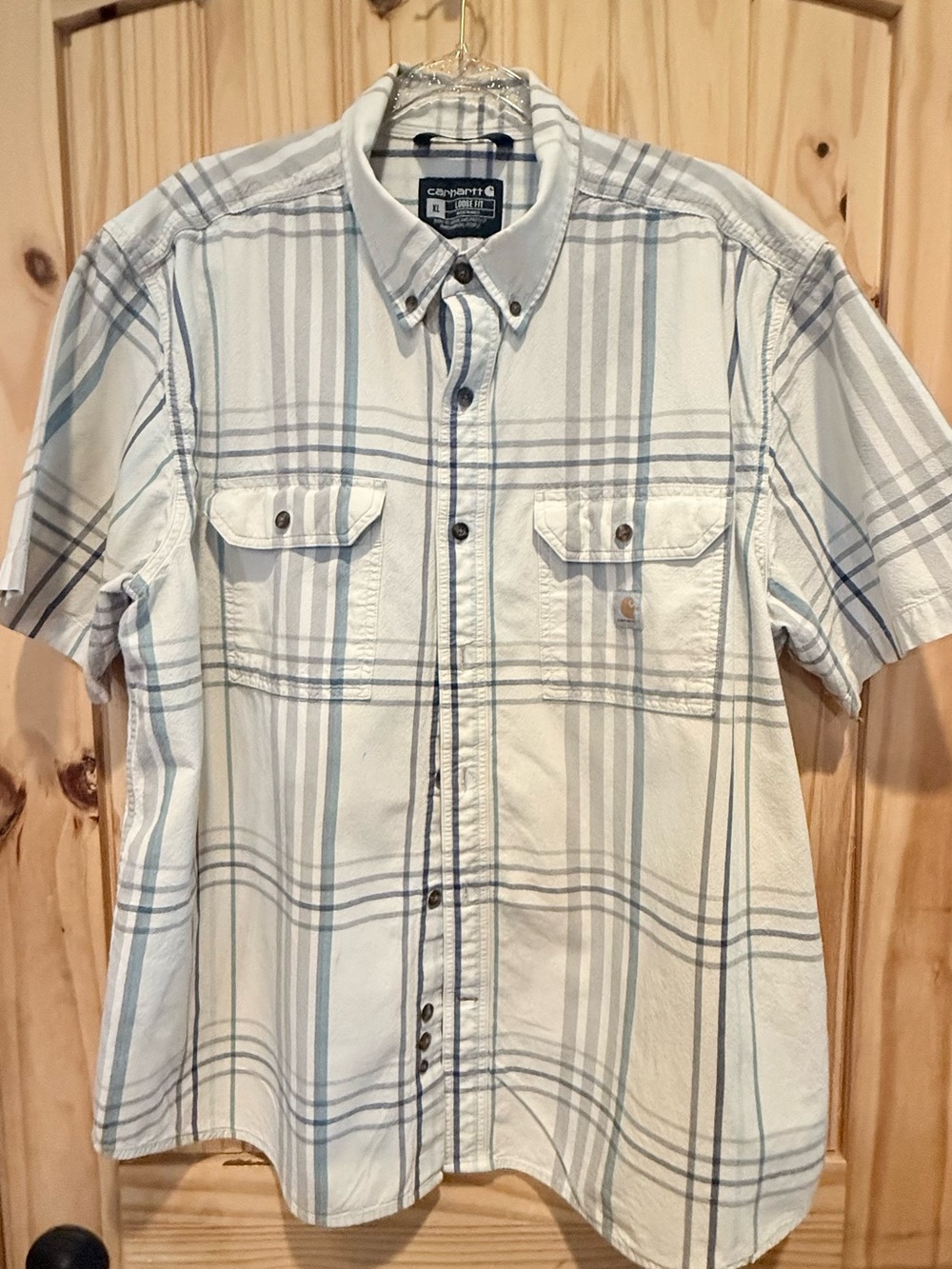 Carhartt Men’s Short-Sleeve Button-Down Plaid Shirt - White and Light Blue